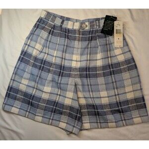 NWT Lauren Ralph Lauren 100% Linen Size 6 Pleated Navy Plaid Shorts